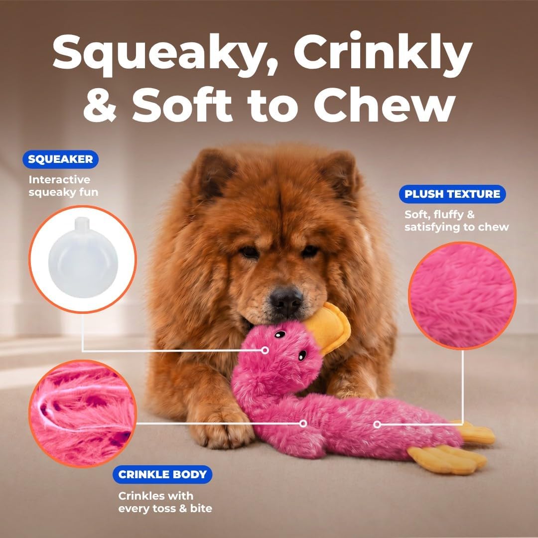 Furzora Pinky Duck Dog Toy, Stuffing Free Squeaky Crinkle Plush Toy for Small, Medium and Large Dogs, Interactive Toy for Fetch, Toss and Play