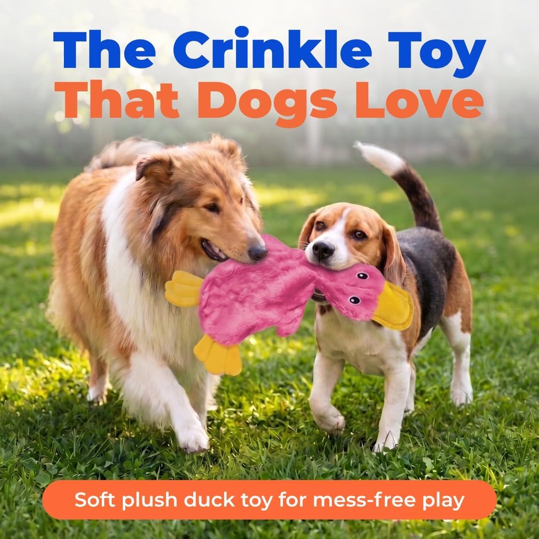 Furzora Pinky Duck Dog Toy, Stuffing Free Squeaky Crinkle Plush Toy for Small, Medium and Large Dogs, Interactive Toy for Fetch, Toss and Play