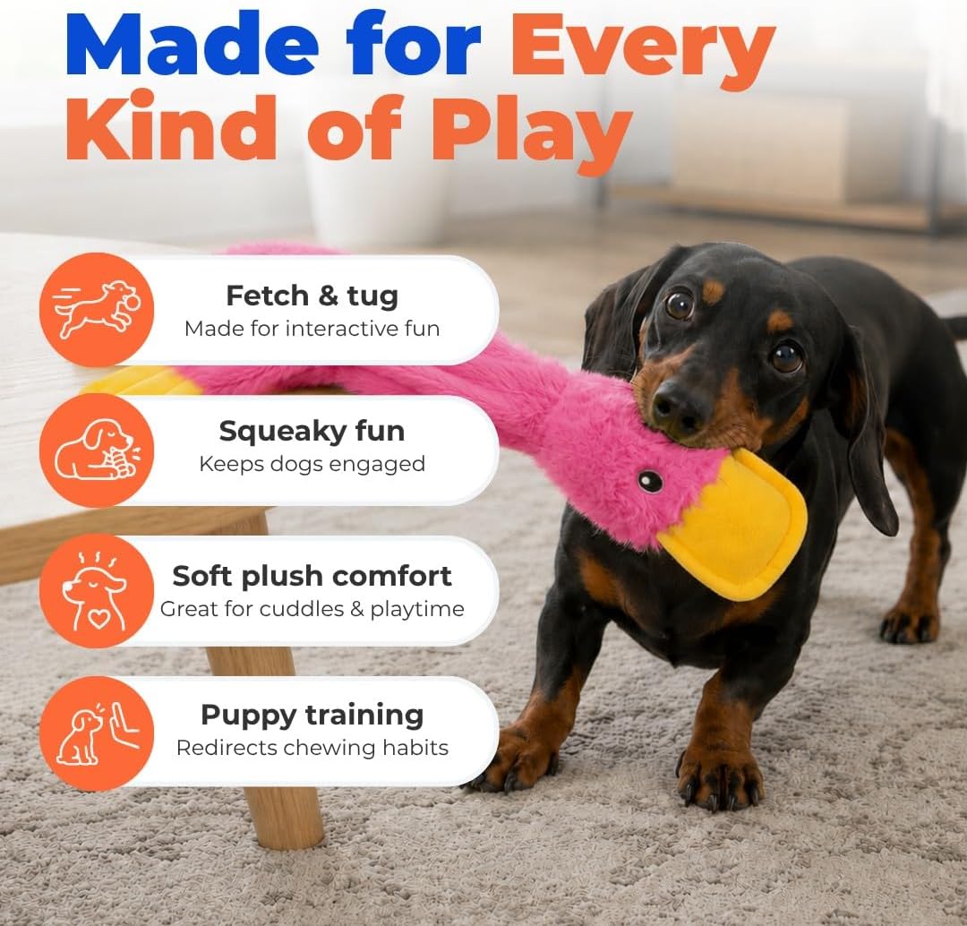 Furzora Pinky Duck Dog Toy, Stuffing Free Squeaky Crinkle Plush Toy for Small, Medium and Large Dogs, Interactive Toy for Fetch, Toss and Play
